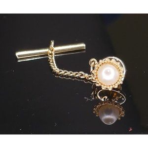 14K Gold & Real Pearl Tie Tack or Lapel Pin With Safety Chain 6.5mm Pearl